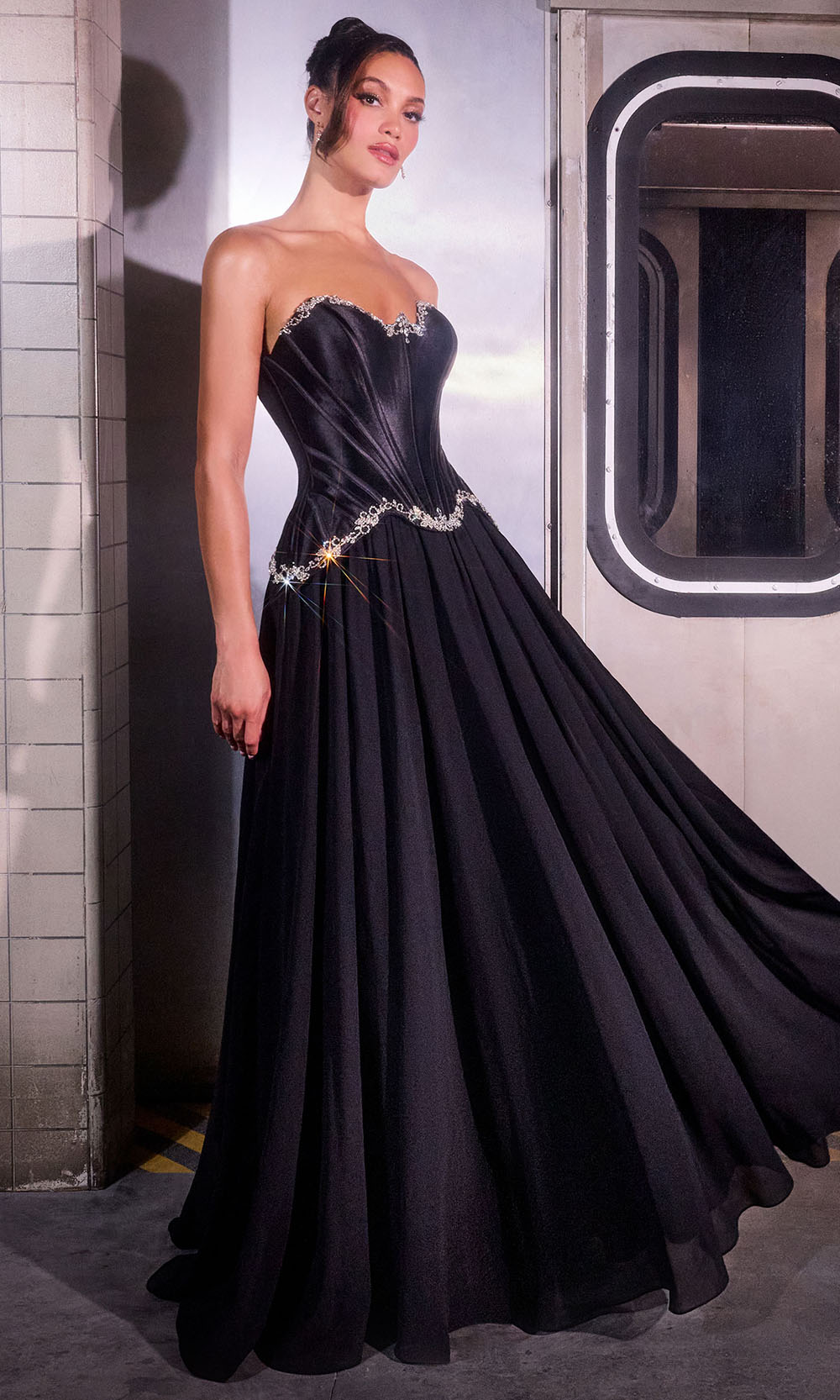 Ladivine CD668 - Pleated A-Line Crystal Embellished Gown Prom Dresses in Black