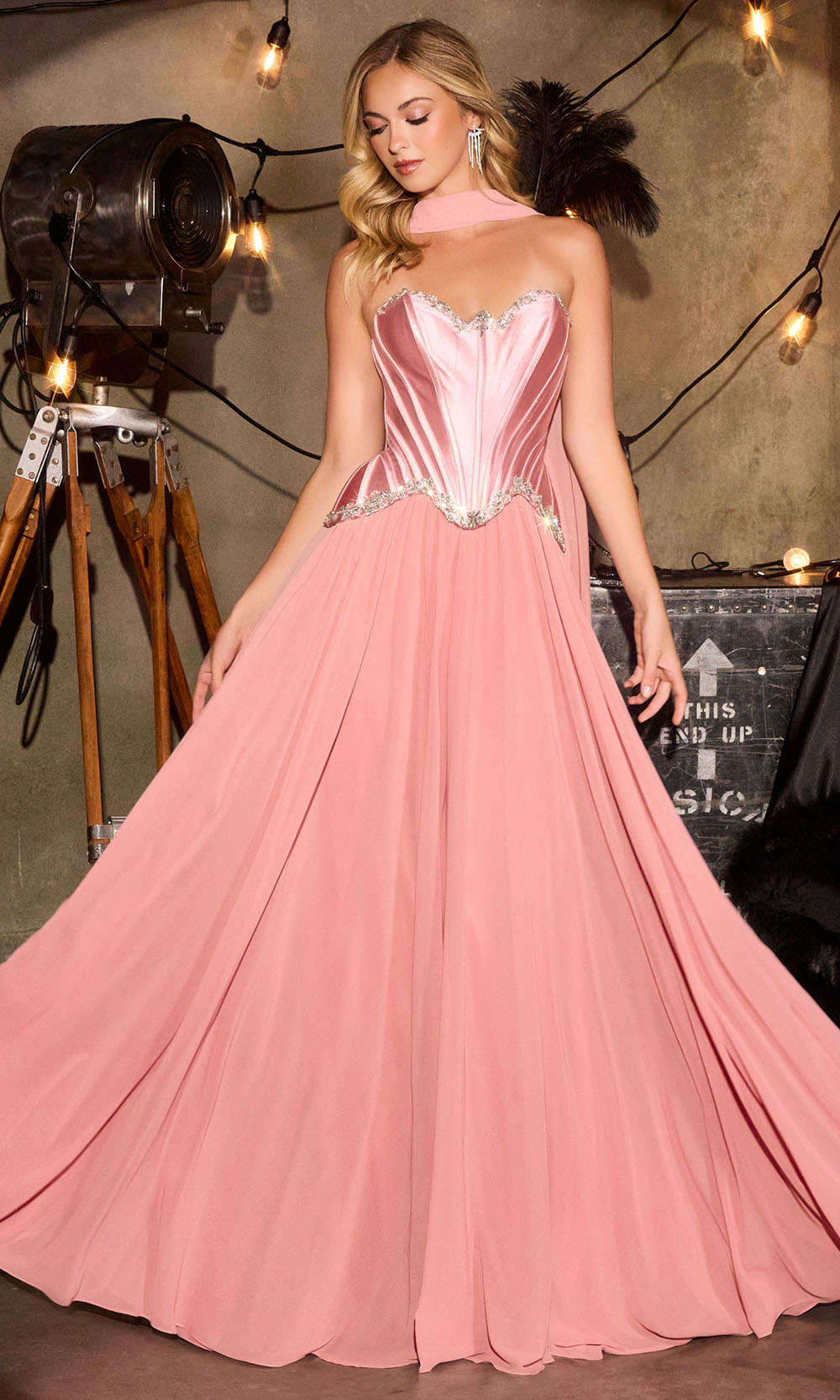 Ladivine CD668 - Pleated A-Line Crystal Embellished Gown Prom Dresses in Rose