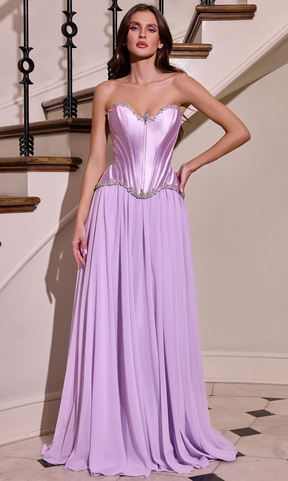 Ladivine CD668 - Pleated A-Line Crystal Embellished Gown Prom Dresses in Lavender