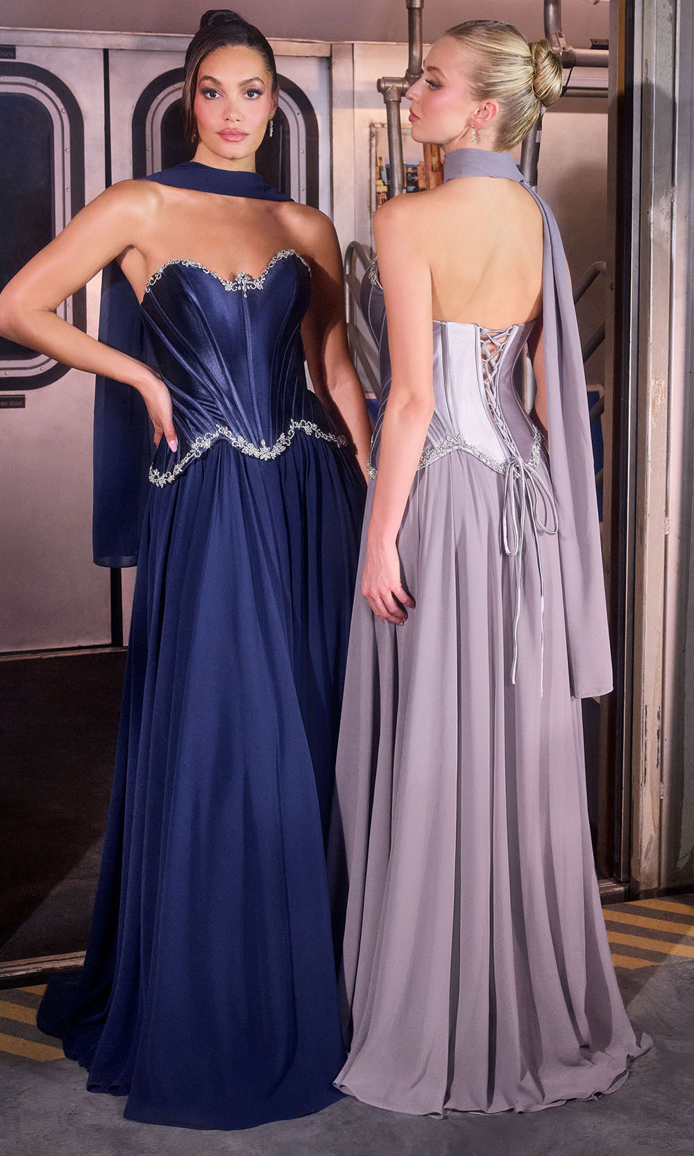 Ladivine CD668 - Pleated A-Line Crystal Embellished Gown Prom Dresses in Navy