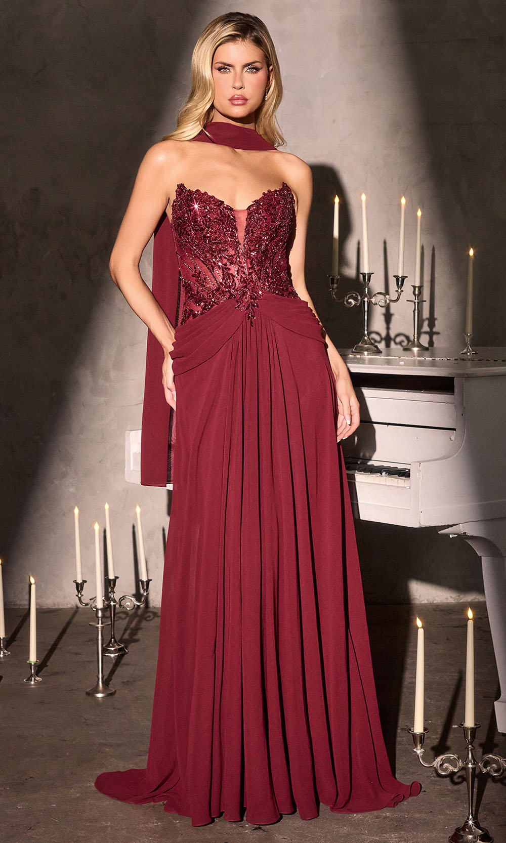 Ladivine CD673 - Plunging Embellished Draped Gown Prom Dresses In Burgundy