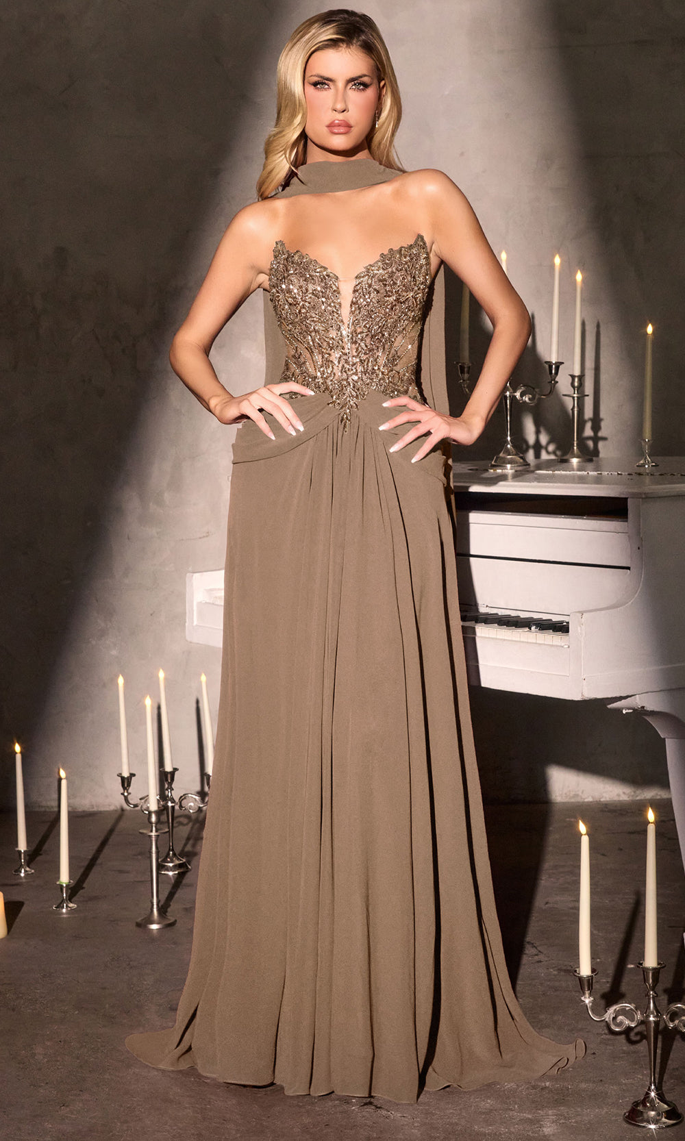 Ladivine CD673 - Plunging Embellished Draped Gown Prom Dresses In Mocha
