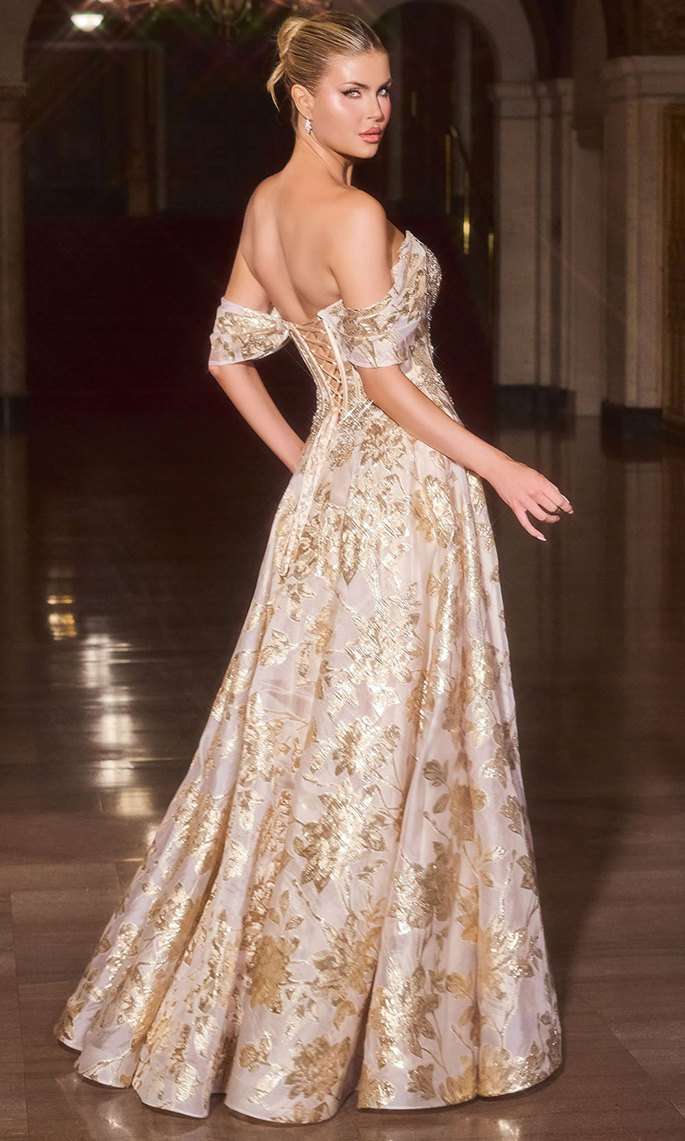 Ladivine CD682 - Metallic Floral Lace-Up Back Evening Gown Formal Gowns in Gold