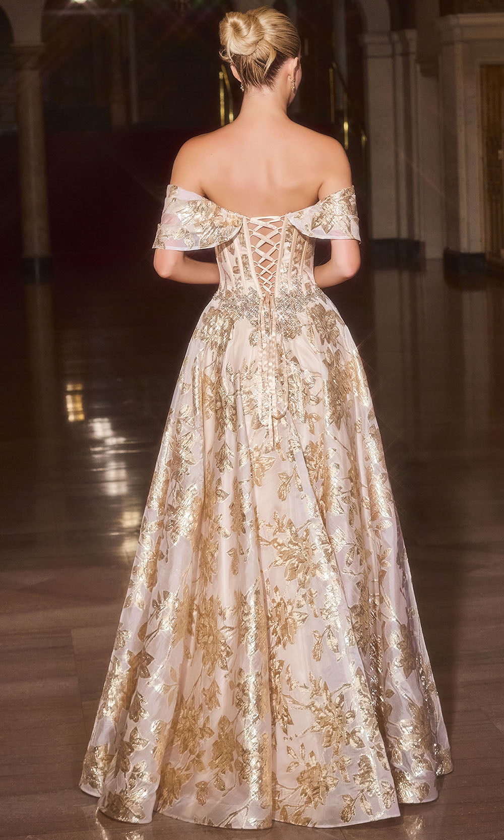 Ladivine CD682 - Metallic Floral Lace-Up Back Evening Gown Formal Gowns in Gold