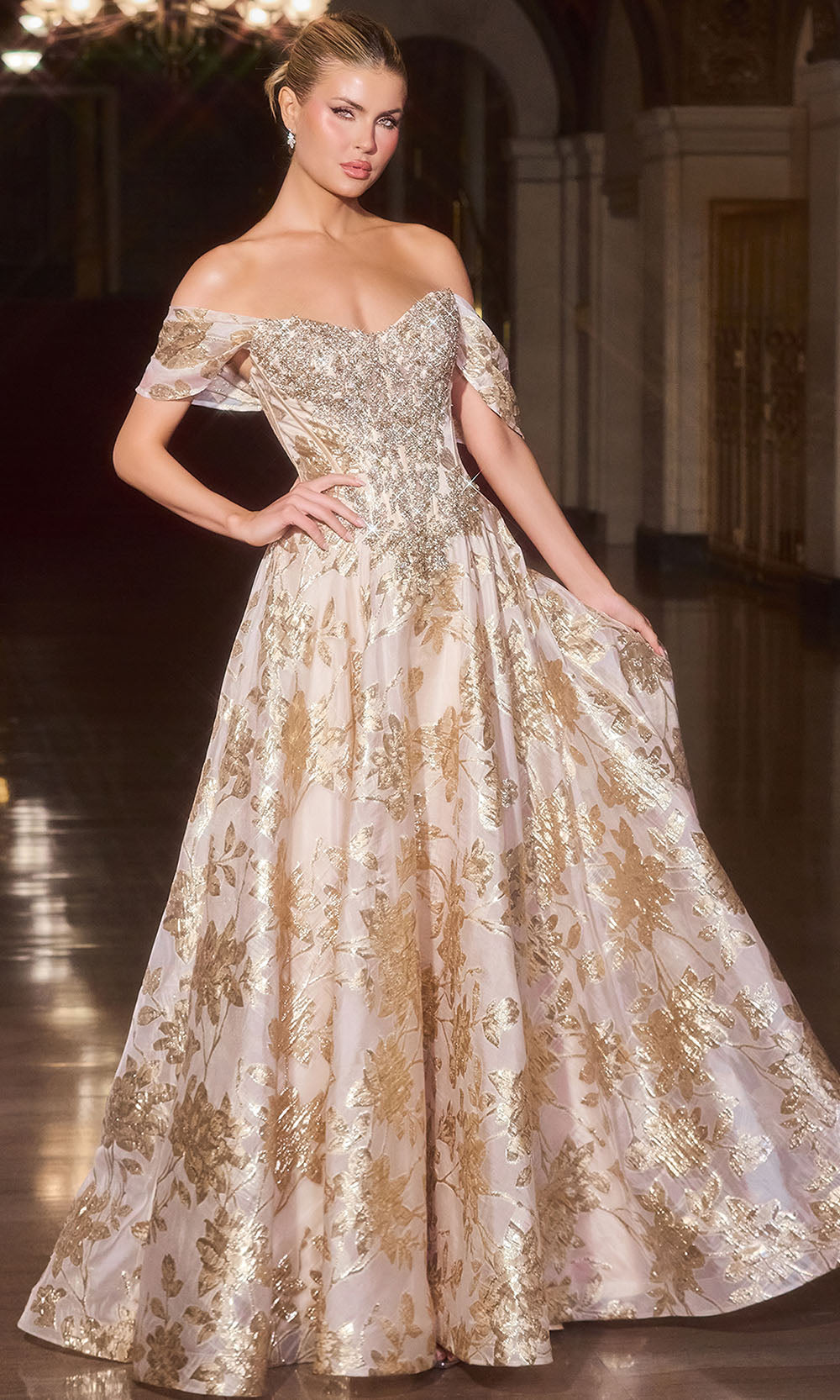 Ladivine CD682 - Metallic Floral Lace-Up Back Evening Gown Formal Gowns in Gold