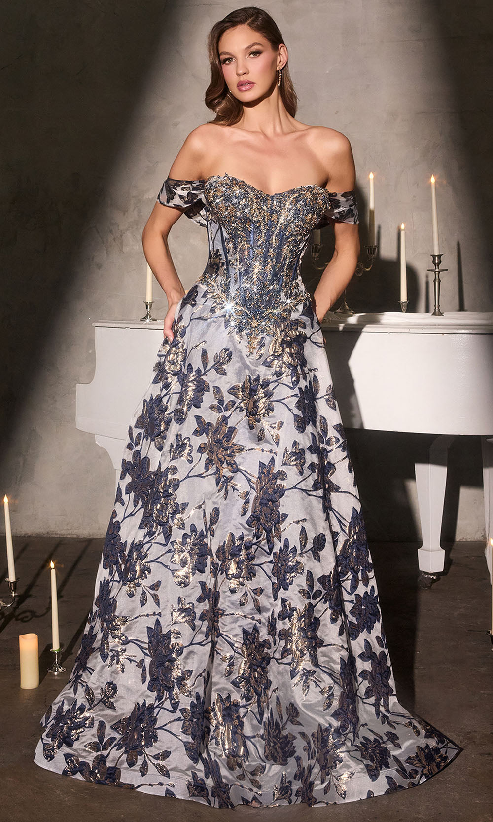 Ladivine CD682 - Metallic Floral Lace-Up Back Evening Gown Formal Gowns in Navy