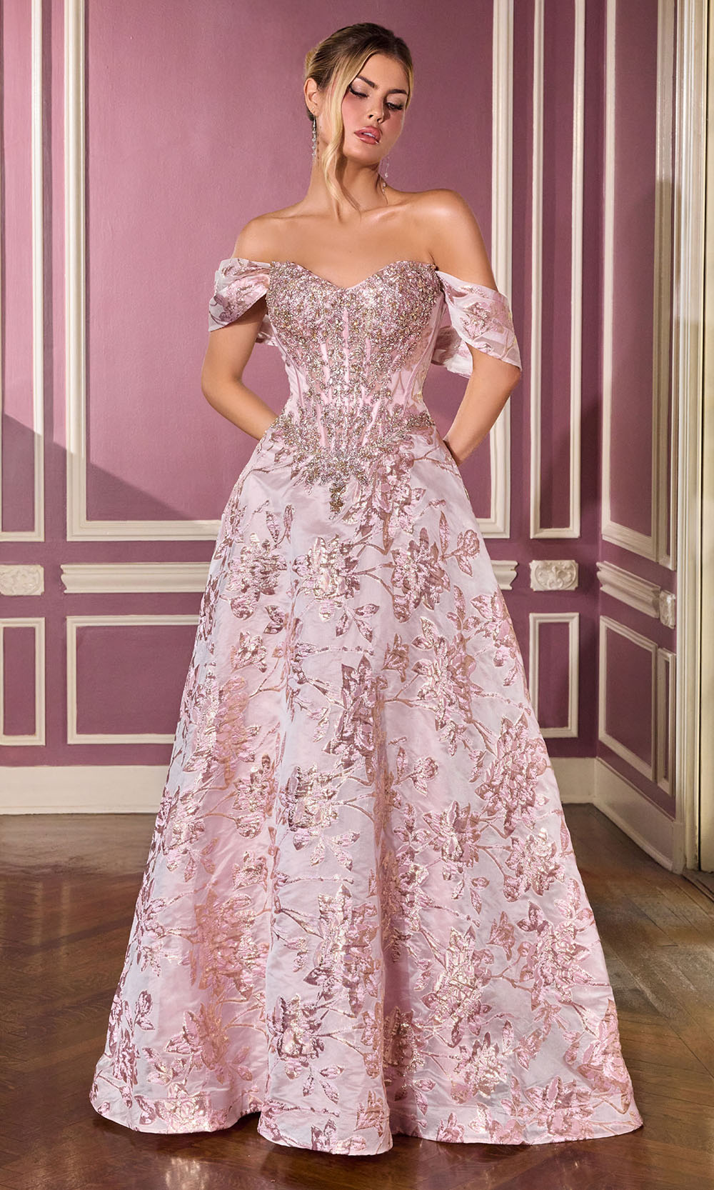 Ladivine CD682 - Metallic Floral Lace-Up Back Evening Gown Formal Gowns in Pink