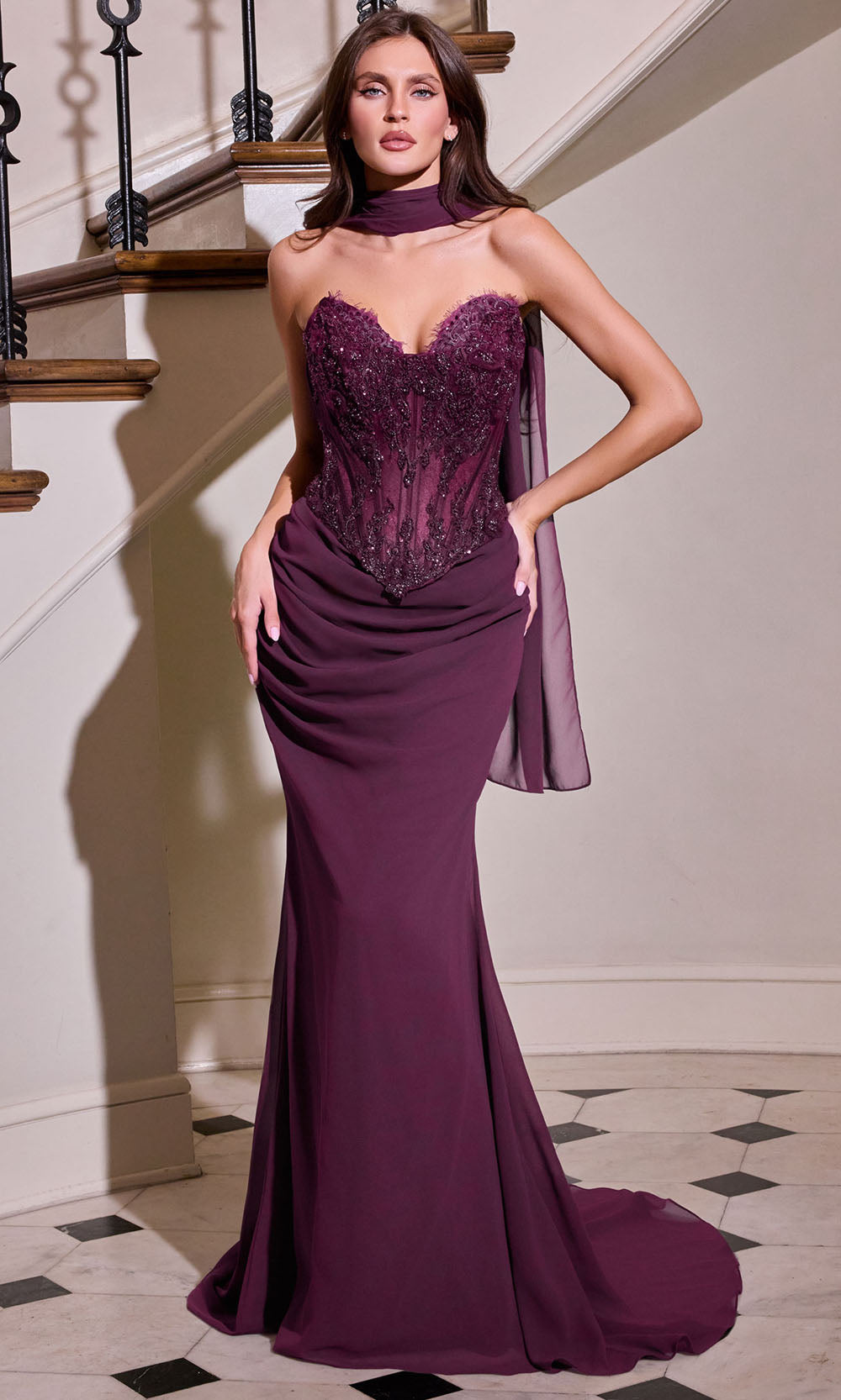 Ladivine CD683 - Lace-Up Back Beaded Tulle Prom Gown Prom Dresses in Eggplant