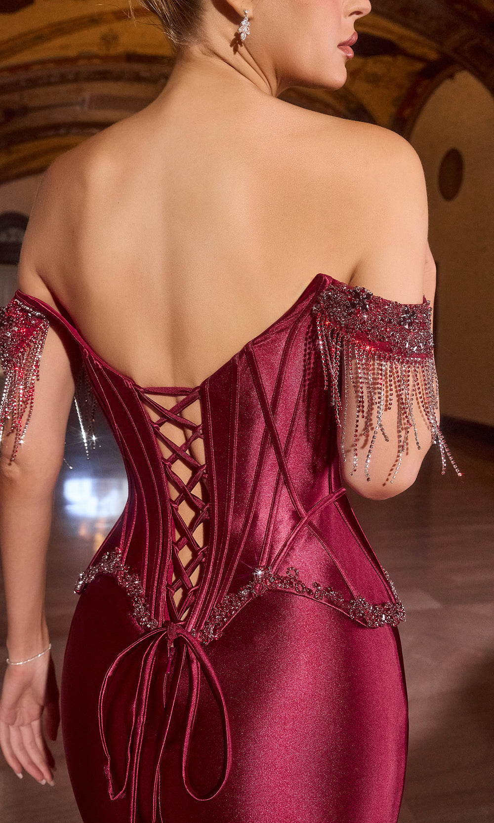 Ladivine CD688 - Fringe Detail Lace-Up Back Gown with Slit Prom Dresses in Burgundy