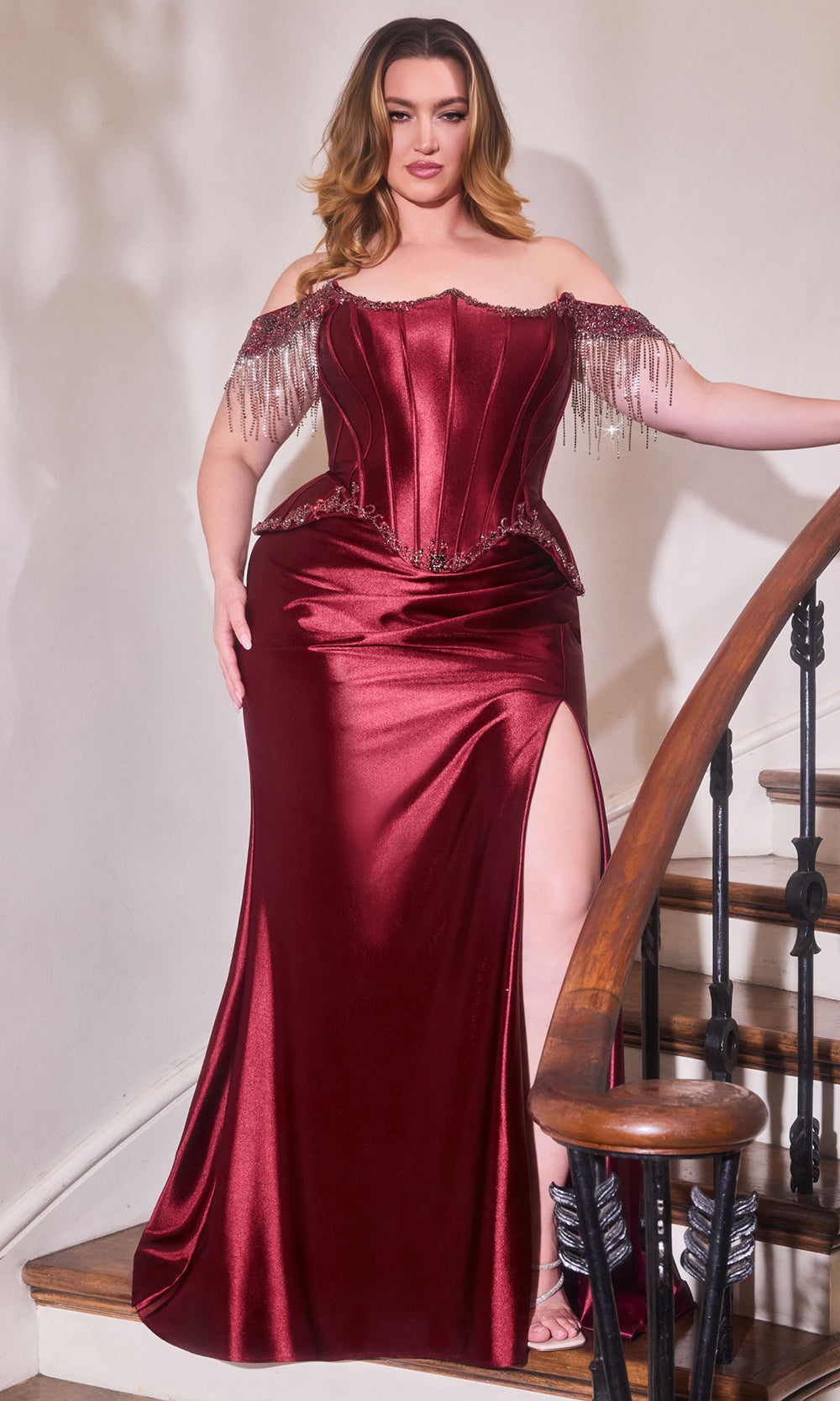 Ladivine CD688 - Fringe Detail Lace-Up Back Gown with Slit Prom Dresses in Burgundy