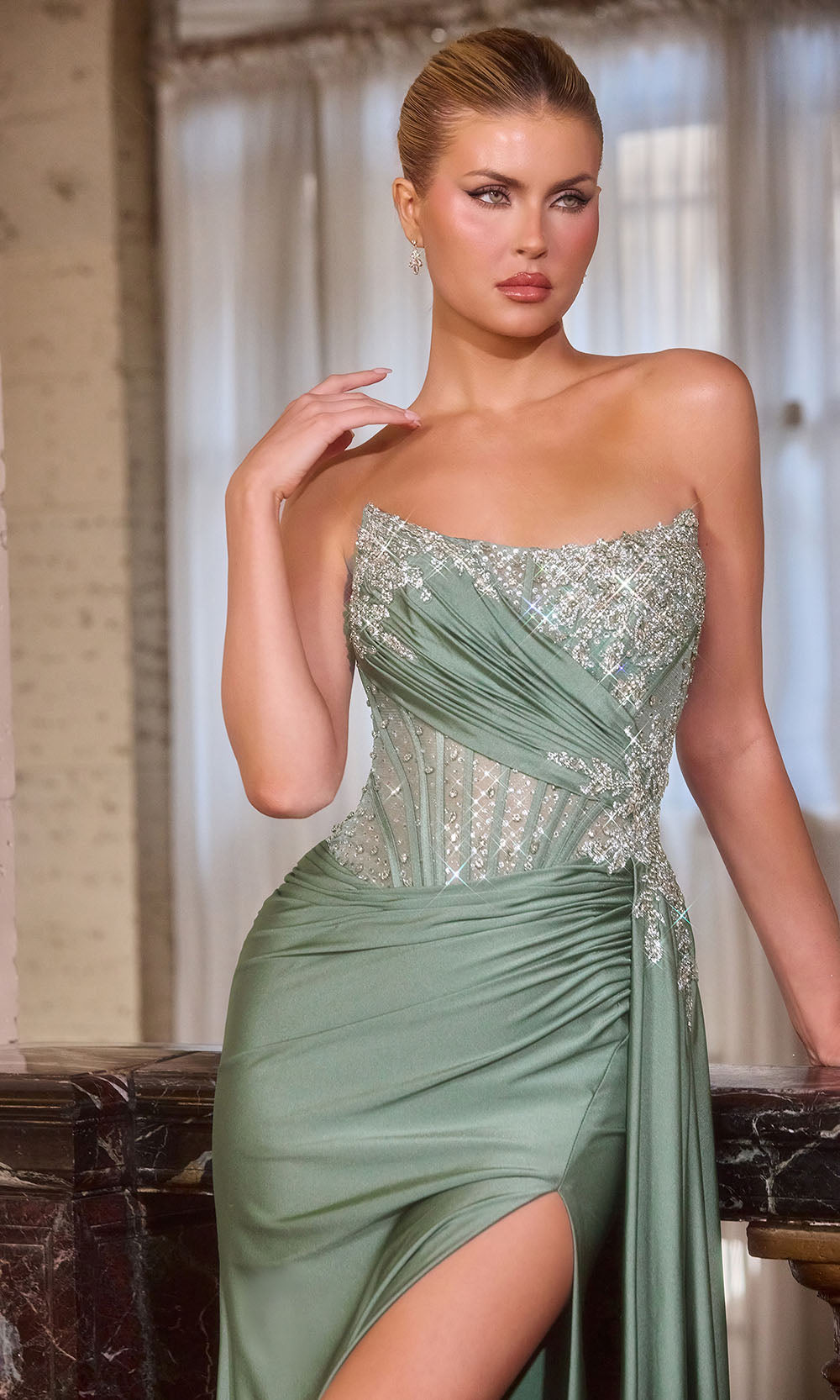 Ladivine CD689 - Beaded Top Strapless Evening Gown with Slit Prom Dresses in Green