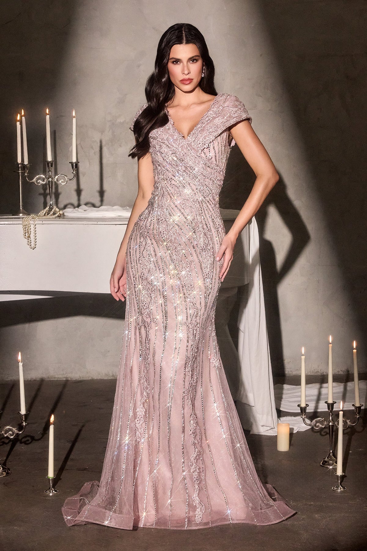 Ladivine CD698 - Beaded Tulle Mermaid Gown Mother of the Bride Dresses in Mauve