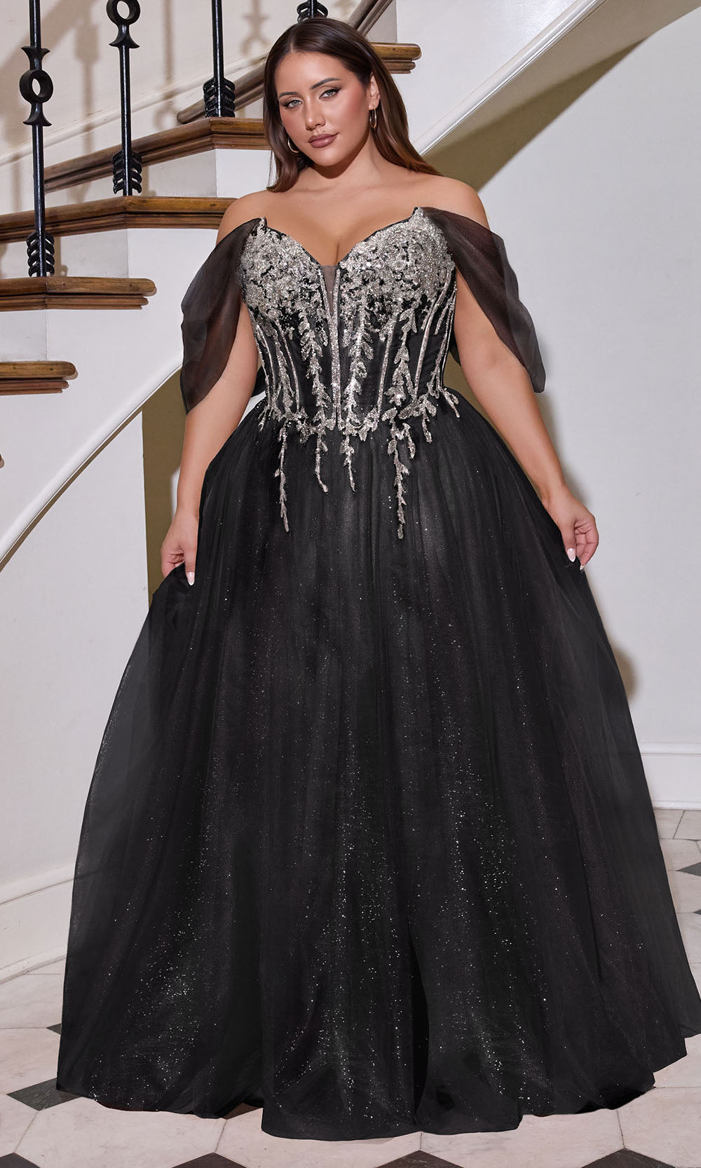 Ladivine CD721C - Illusion Draped Sleeve A-Line Tulle Gown Prom Dresses in Black Silver