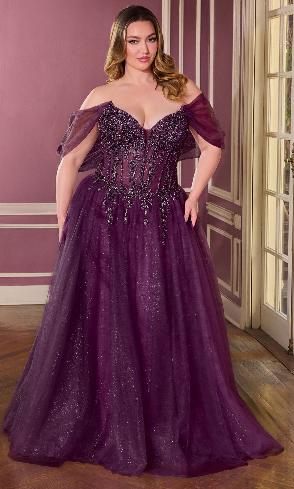 Ladivine CD721C - Illusion Draped Sleeve A-Line Tulle Gown Prom Dresses in Eggplant