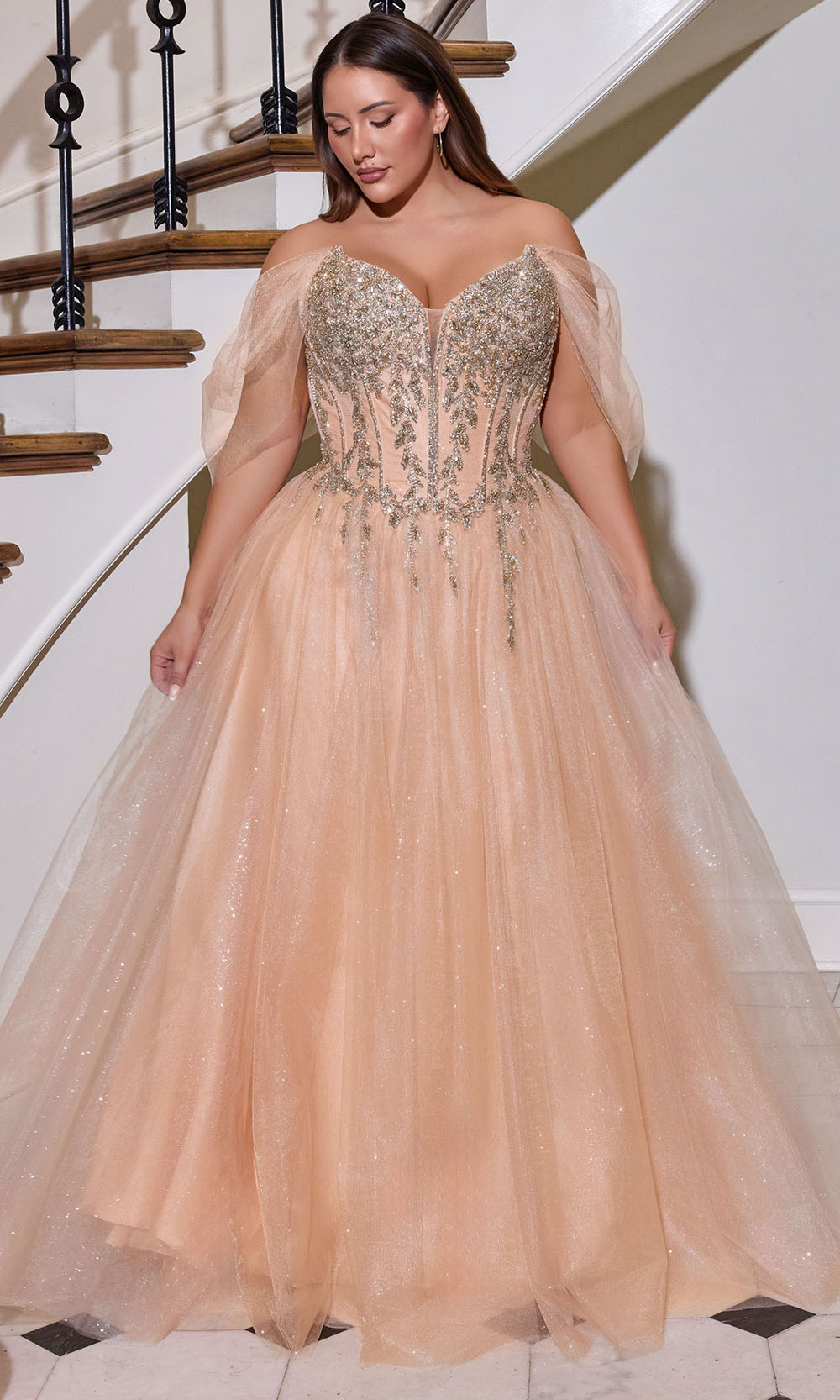 Ladivine CD721C - Illusion Draped Sleeve A-Line Tulle Gown Prom Dresses in Gold
