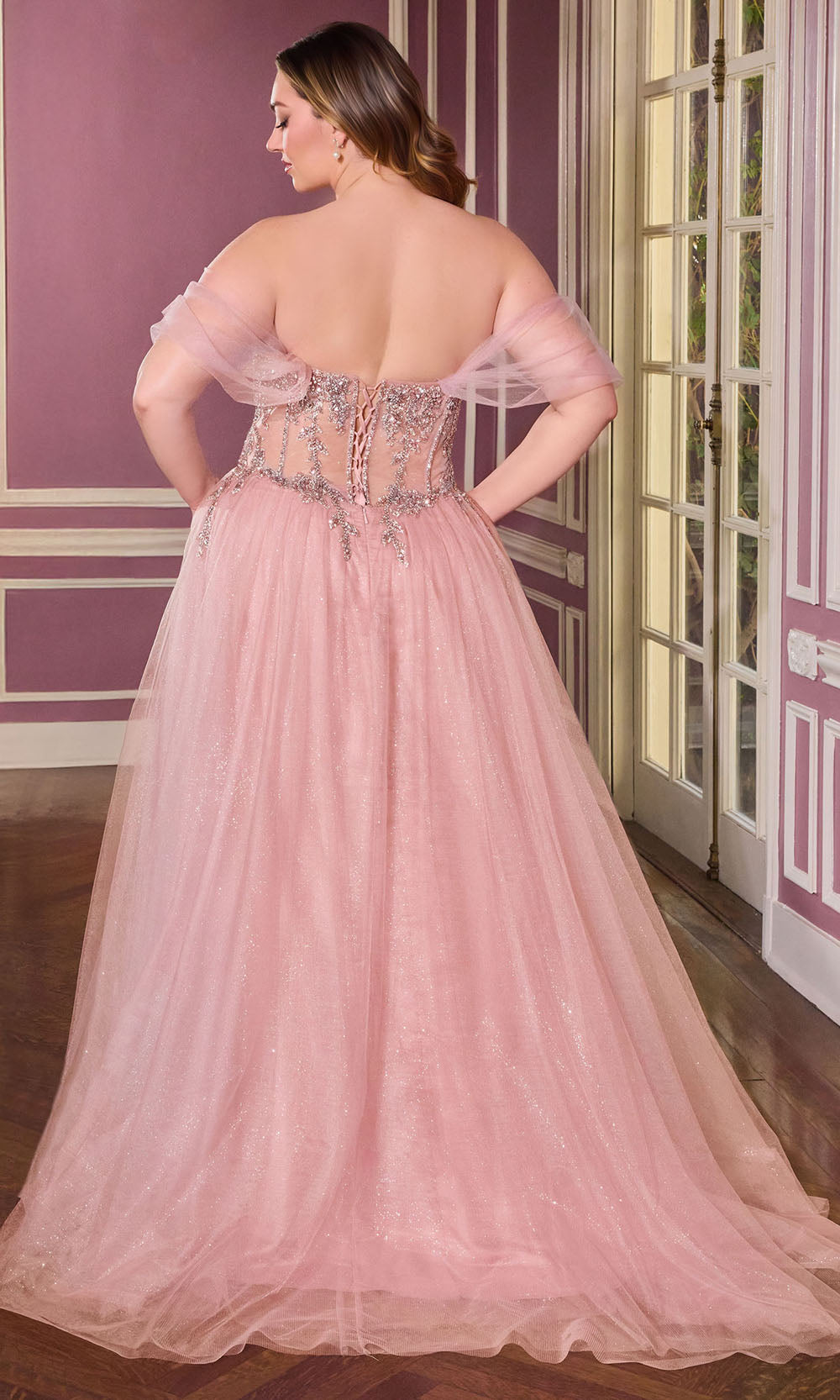 Ladivine CD721C - Illusion Draped Sleeve A-Line Tulle Gown Prom Dresses in Mauve
