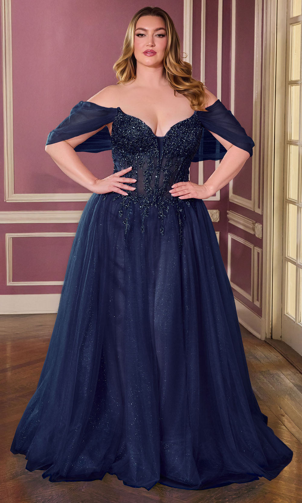 Ladivine CD721C - Illusion Draped Sleeve A-Line Tulle Gown Prom Dresses in Navy
