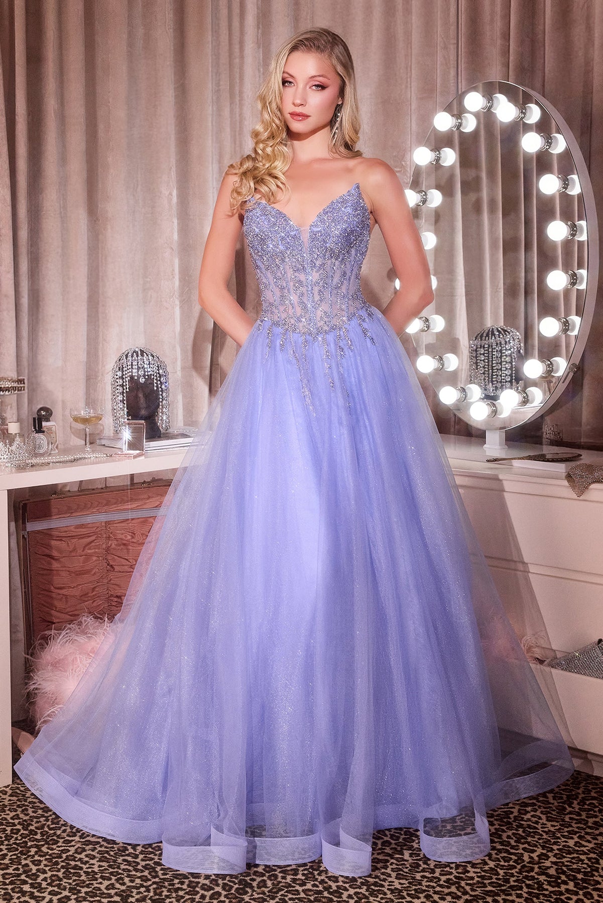 Ladivine CD721 - Long Crystal and Sequin, Layered Glitter Tulle A-Line Dress - Strapless, Beaded bodice, Corset style, Lace-up back ADASA Ladivine CD721 - Long Crystal and Sequin, Layered Glitter Tulle A-Line Dress - Strapless, Beaded bodice, Corset style, Lace-up back ADASA