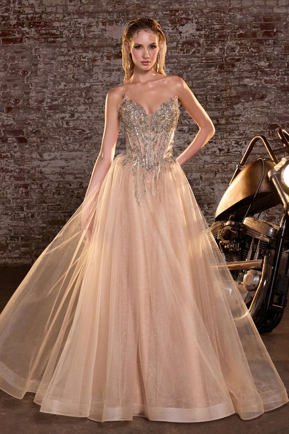 Ladivine CD721 Elegantly Embellished Ballgown with Sparkle Tulle Gold / 14 Ladivine CD721 Elegantly Embellished Ballgown with Sparkle Tulle Gold / 14