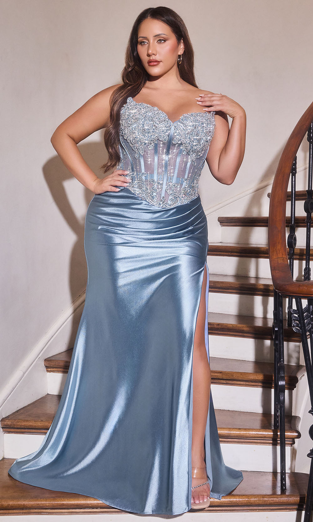 Ladivine CD736C - Strapless Satin Gown with Beaded Applique Prom Dresses in Blue