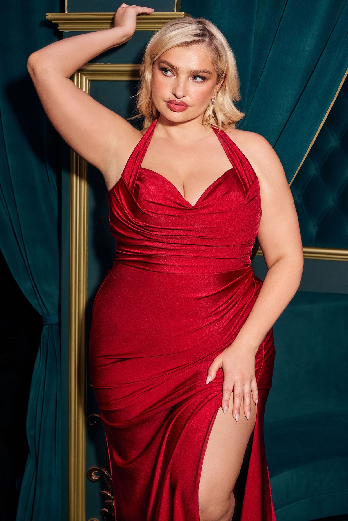 Ladivine CD796C - Ruched Long Gown with Slit