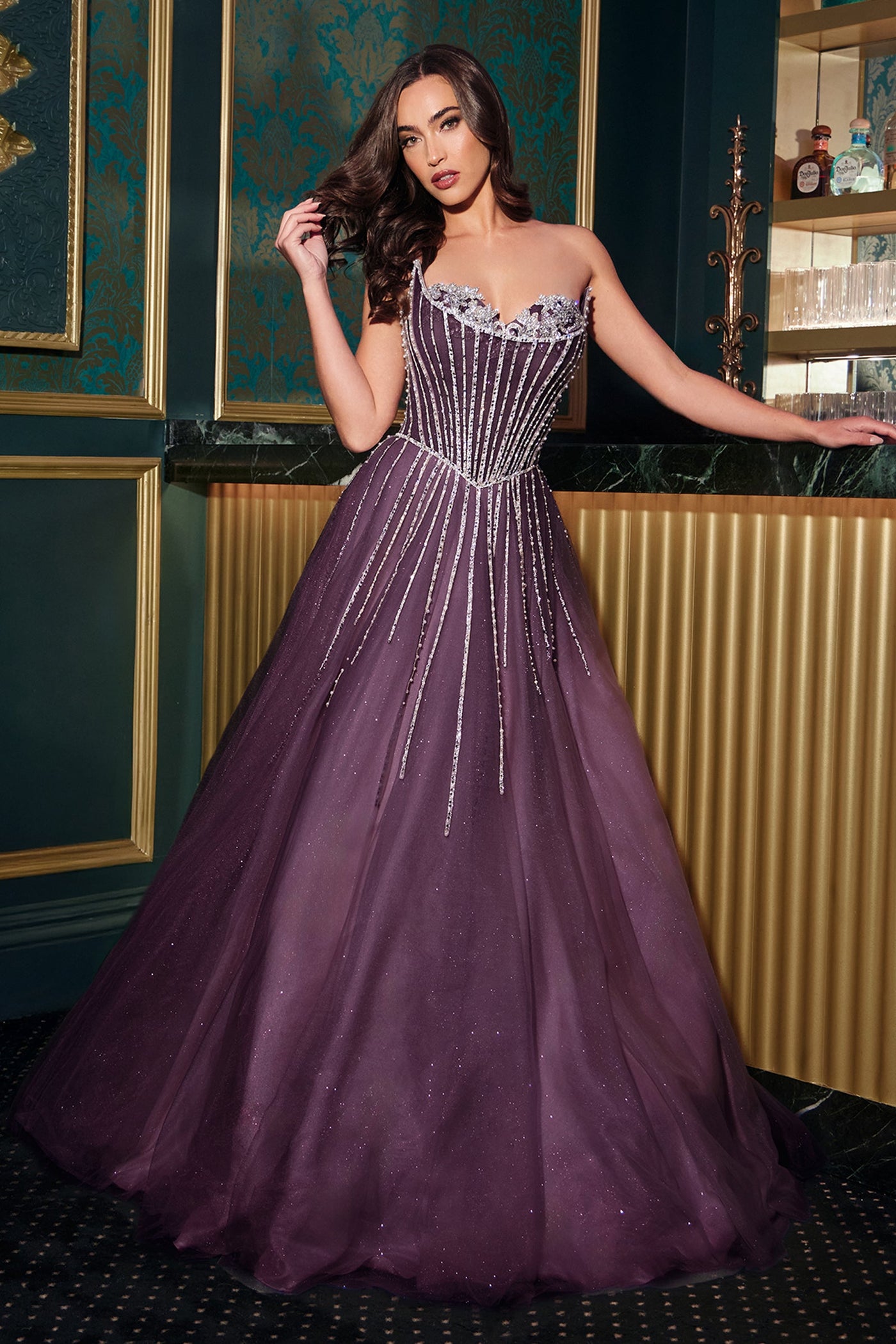 Ladivine CDS541 - Sweetheart A-Line Gown with Linear Beading In Purple