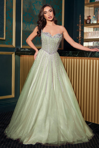 Ladivine CDS541 - Sweetheart A-Line Gown with Linear Beading In Green