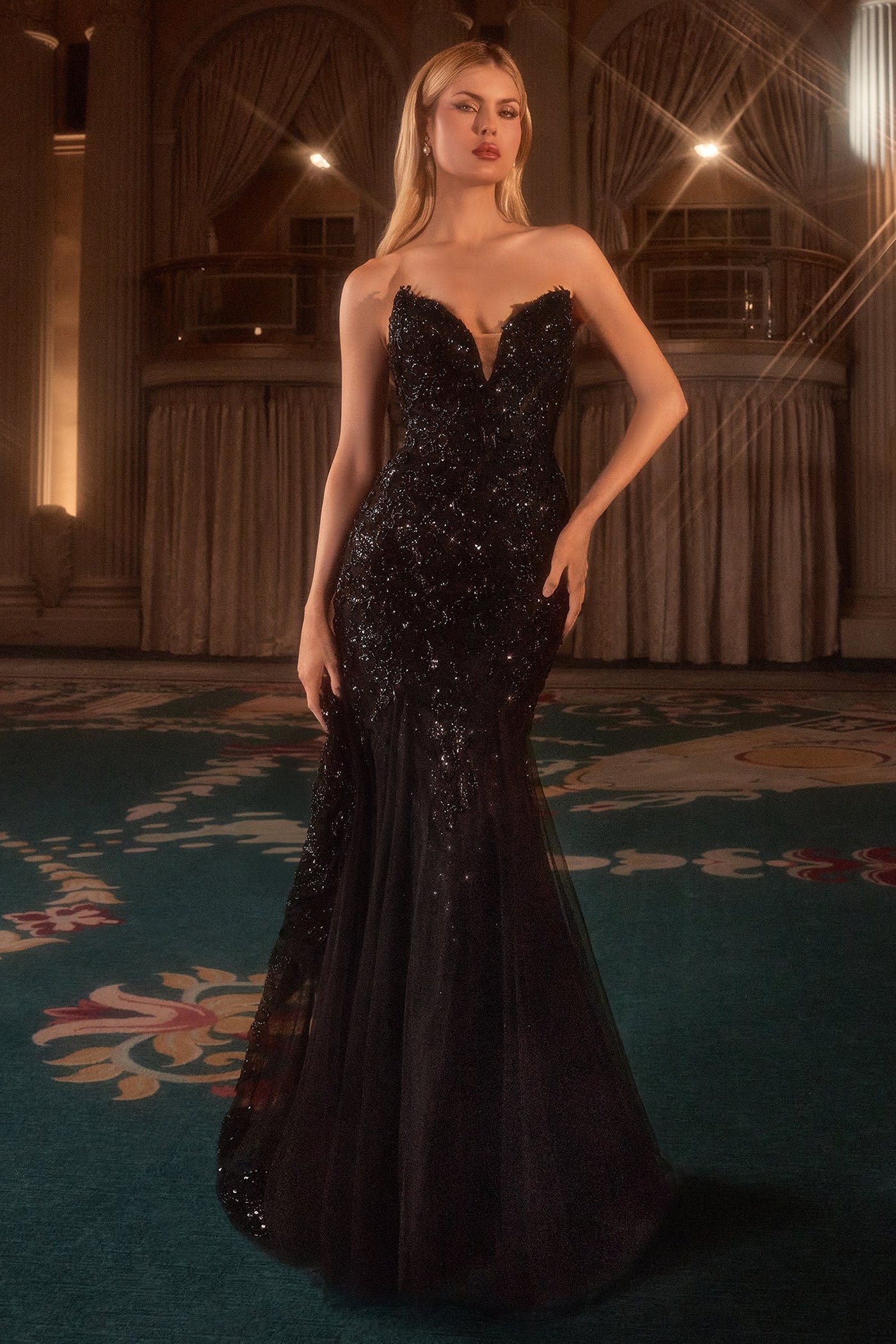 Ladivine CDS545 - Floral Sequin Mermaid Gown with Jacket In Black