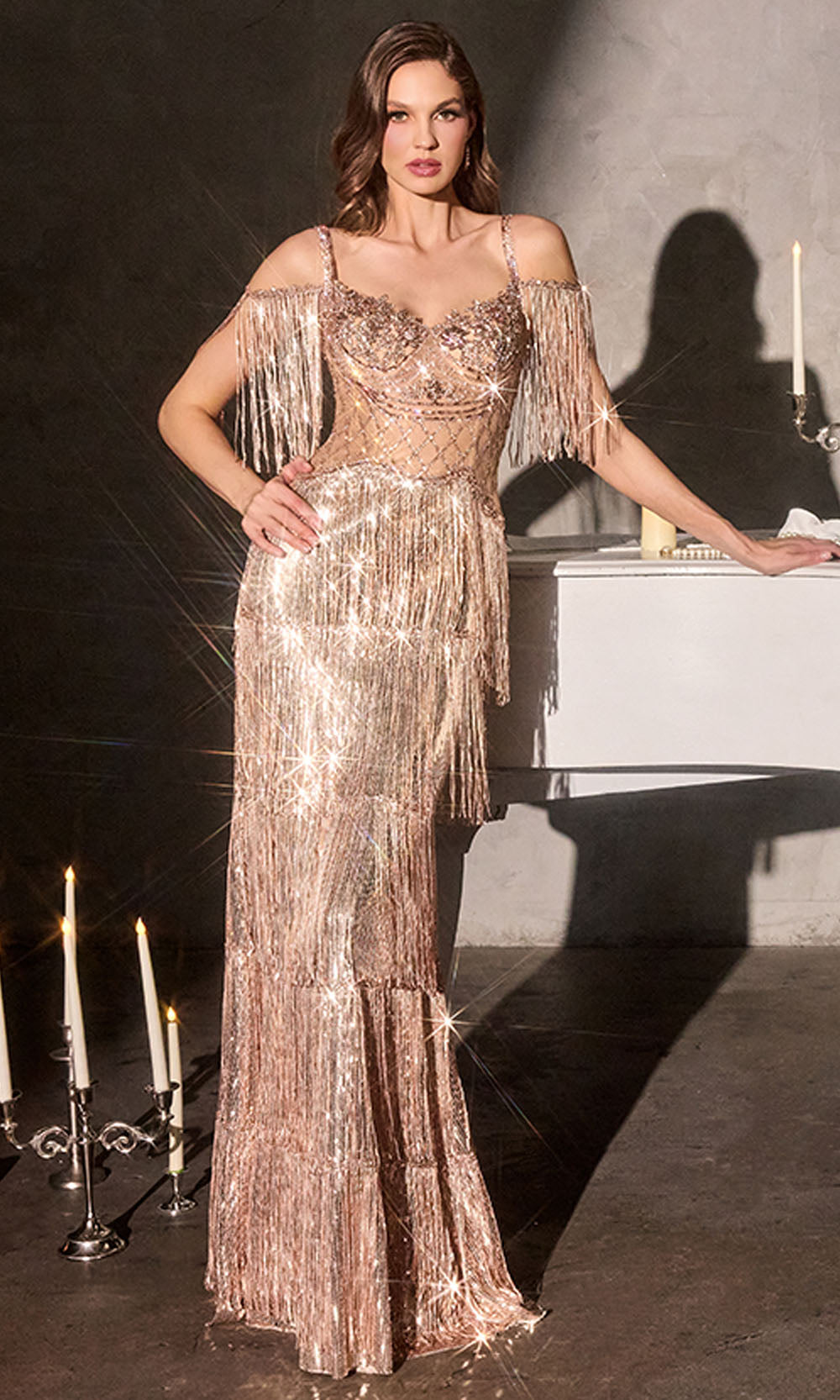 Ladivine CDS563 - Illusion Scoop Back Fringed Prom Gown Prom Dresses in Rose Gold