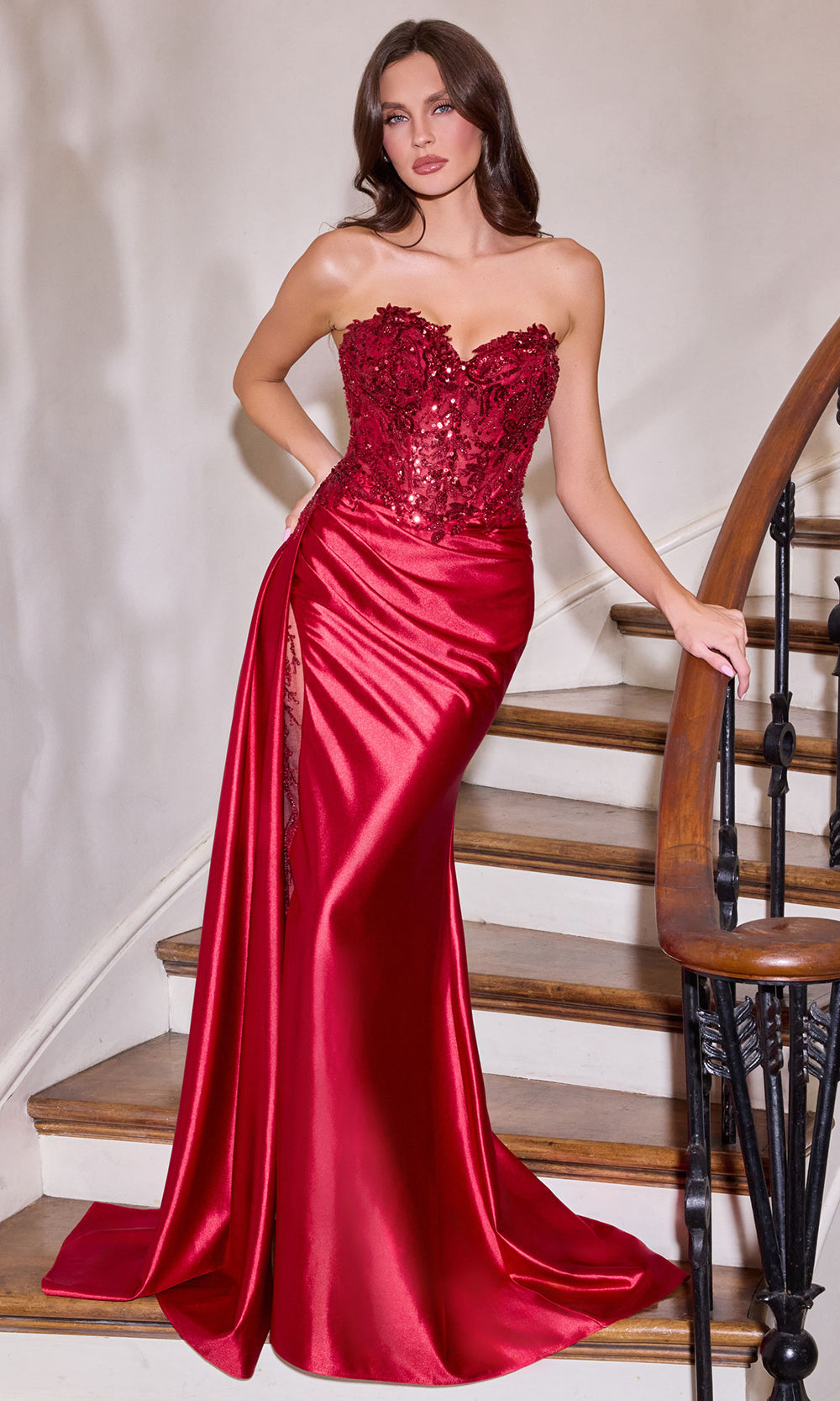 Ladivine CDS565 - Illusion Slit Embellished Satin Gown Prom Dresses in Burgundy