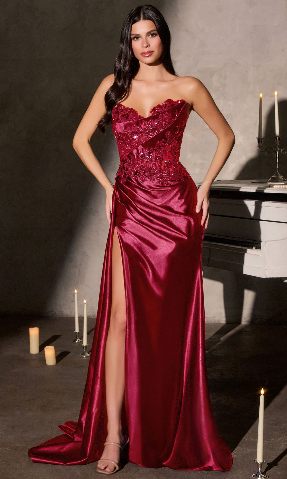 Ladivine CDS567 - Beaded Lace Sheath Gown with Side Sash Prom Dresses in Red