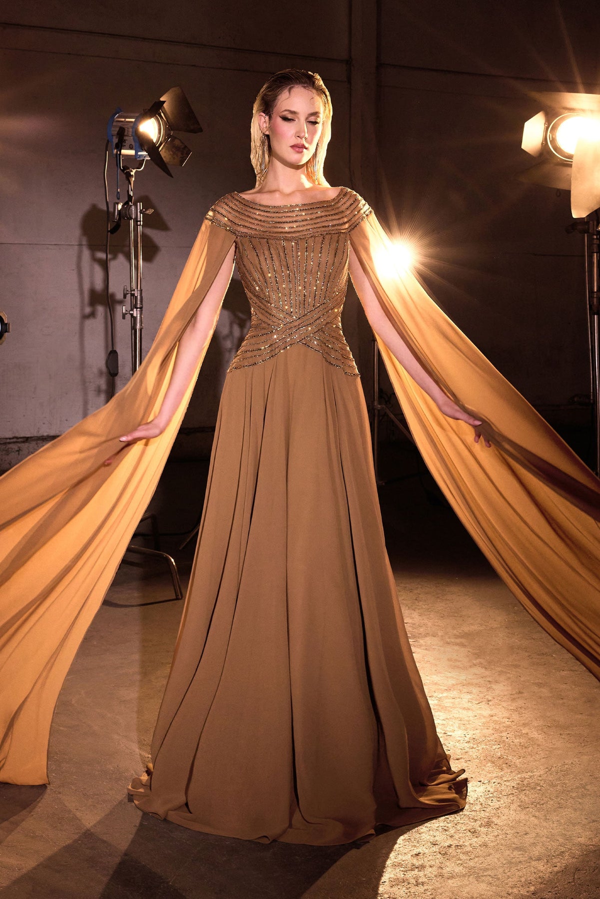 Ladivine CL08 - Bateau Neck Beaded Cape Gown In Gold