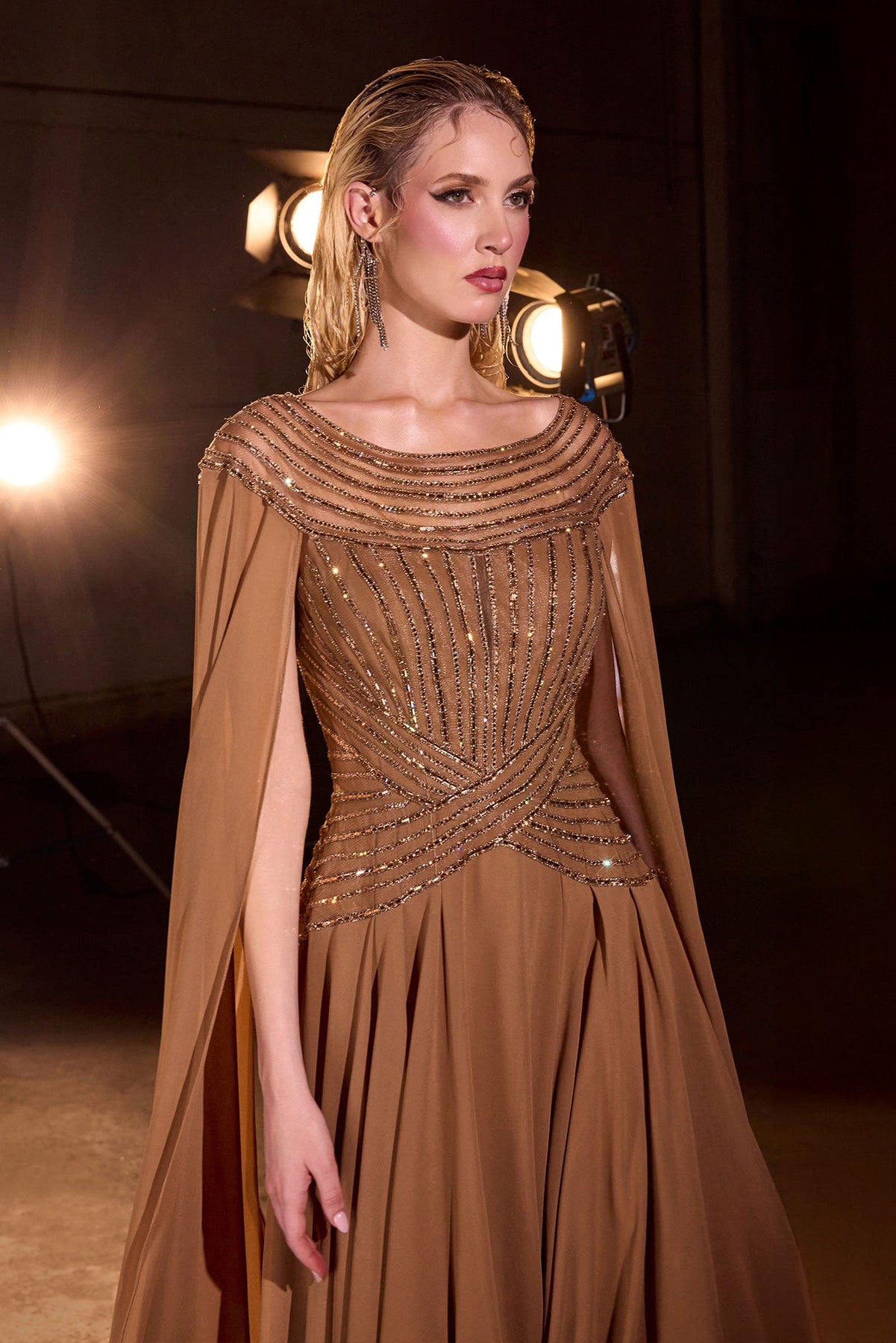 Ladivine CL08 - Bateau Neck Beaded Cape Gown Formal Gowns in Bronze