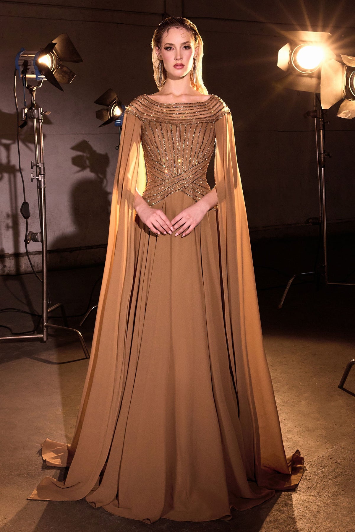 Ladivine CL08 - Bateau Neck Beaded Cape Gown In Gold