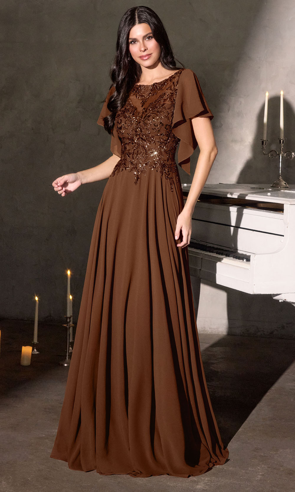 Ladivine CL09 - Beaded Applique Flowy Chiffon Gown Mother of the Bride Dresses in Brown