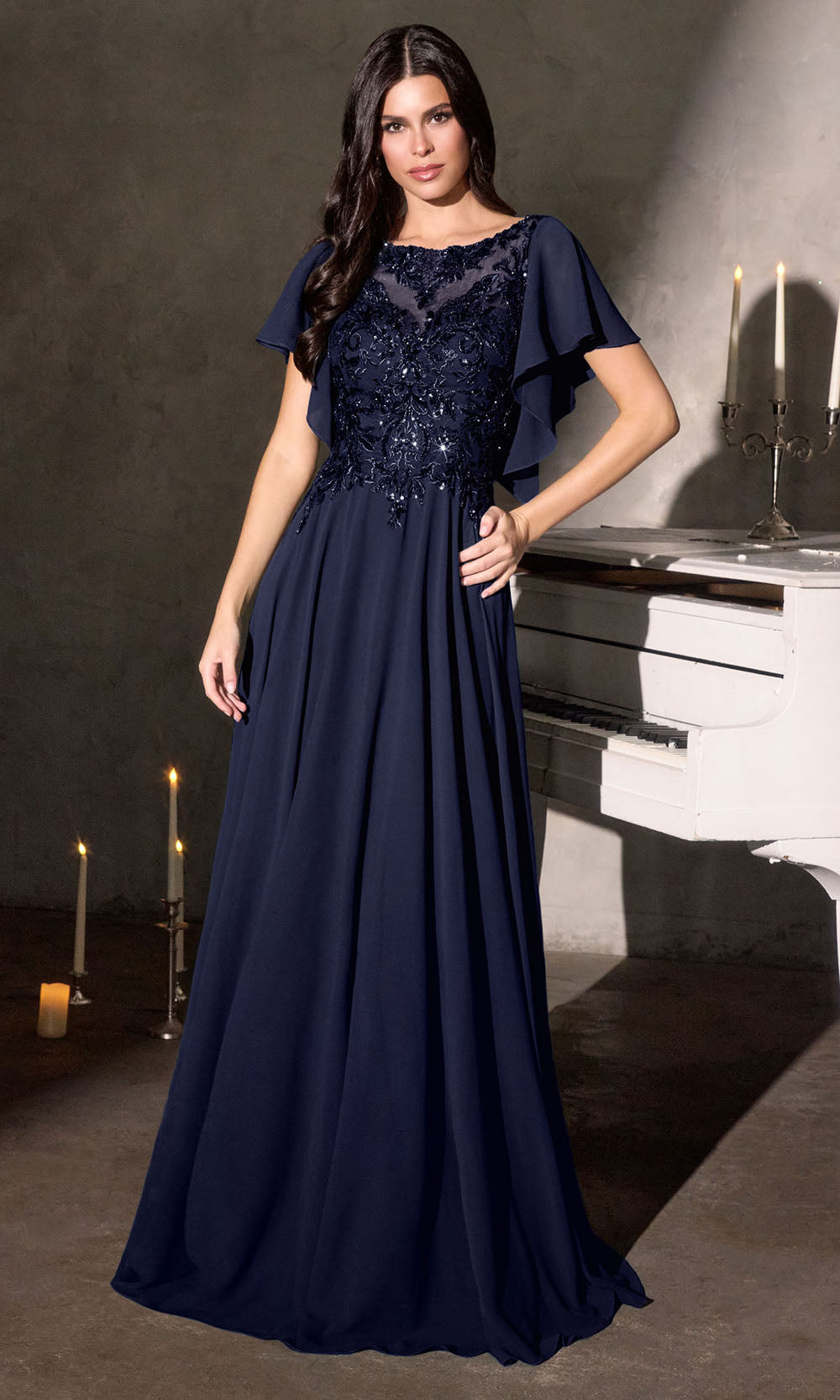 beaded flowy dress Long A-Line Formal with Short Flutter Sleeves Navy / 20 size:US 26Plus / UK 30 / EU 56 boostlabourday2026 amazing prom dress TODAY'S NEW RECIPE -