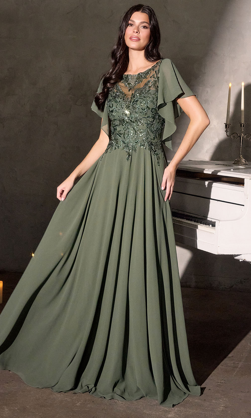 Ladivine CL09 - Beaded Applique Flowy Chiffon Gown Mother of the Bride Dresses in Olive