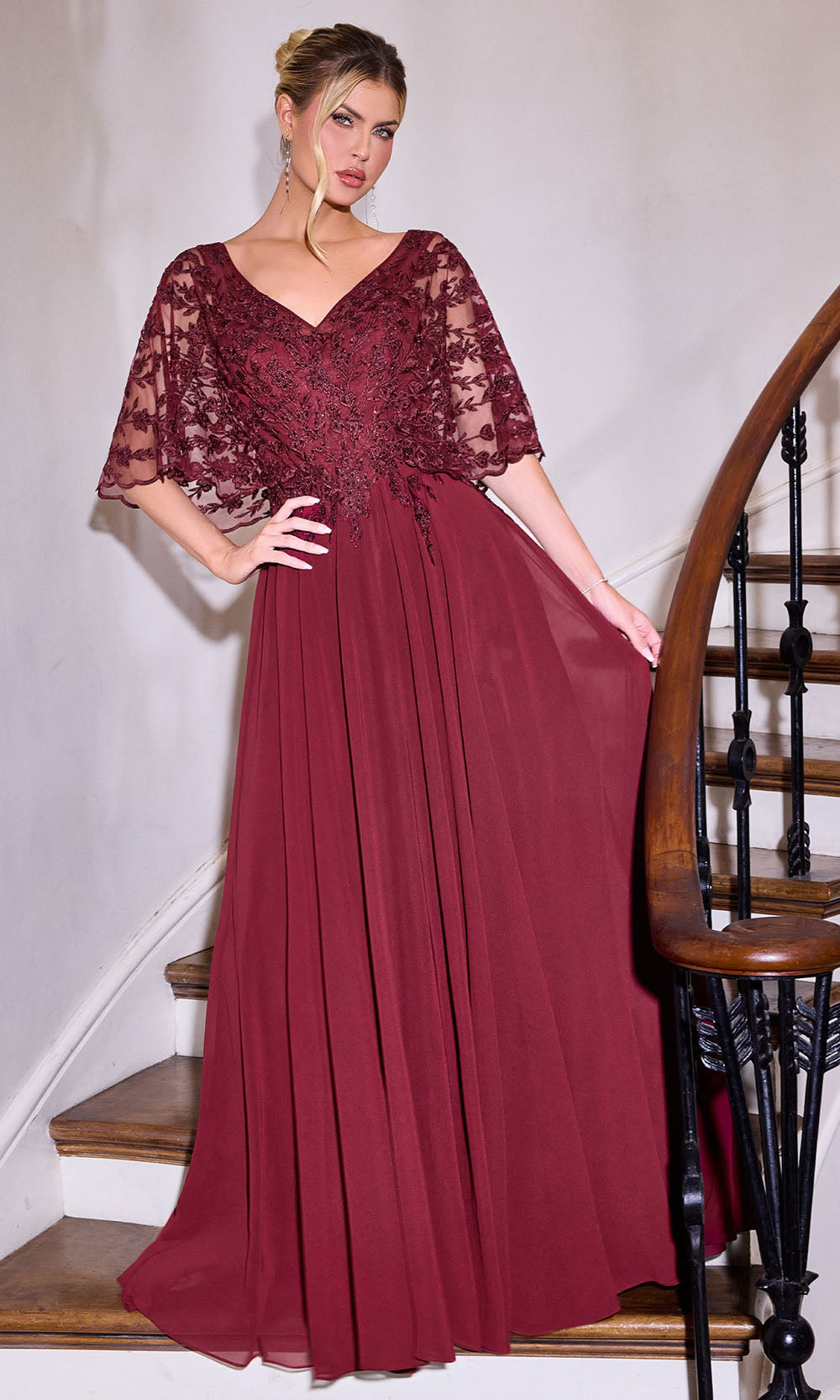 Ladivine CL10 - Lace Bodice Evening Gown with Flowing Skirt Mother of the Bride Dresses in Burgundy