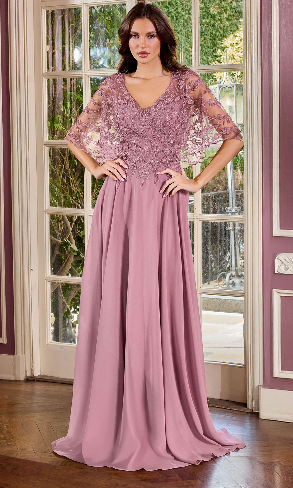 Ladivine CL10 - Lace Bodice Evening Gown with Flowing Skirt Mother of the Bride Dresses in Mauve