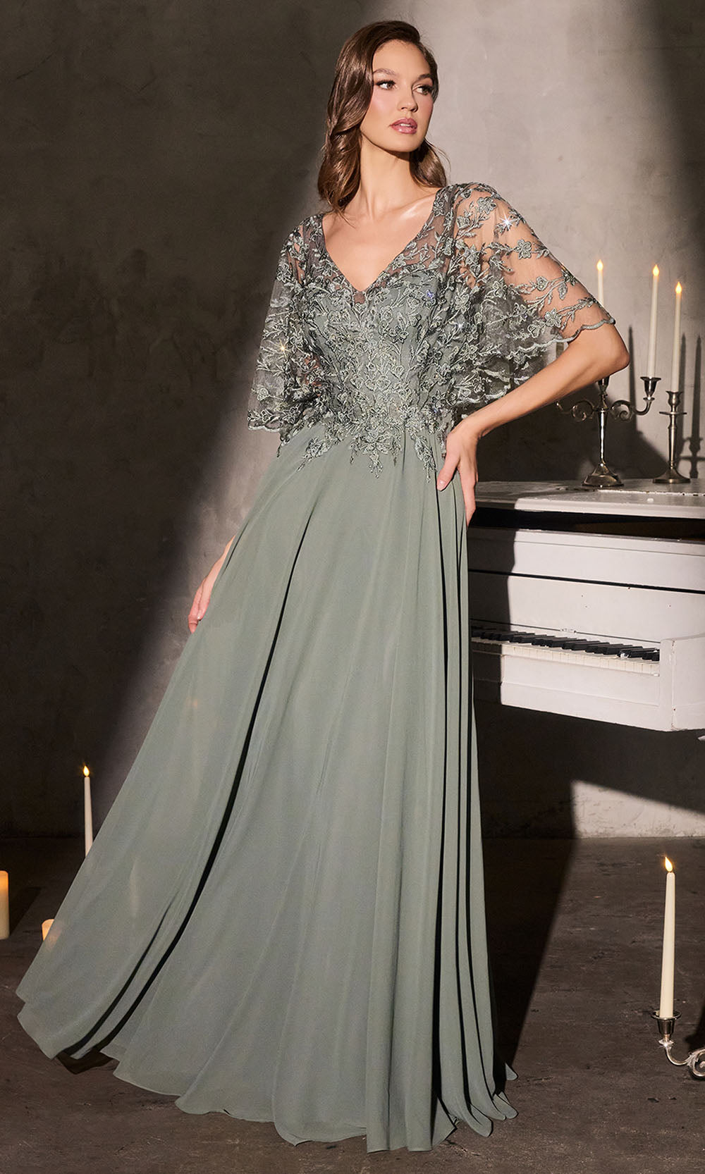 Ladivine CL10 - Lace Bodice Evening Gown with Flowing Skirt Mother of the Bride Dresses in Green