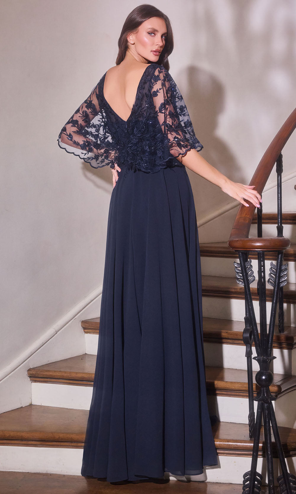 Ladivine CL10 - Lace Bodice Evening Gown with Flowing Skirt Mother of the Bride Dresses in Navy