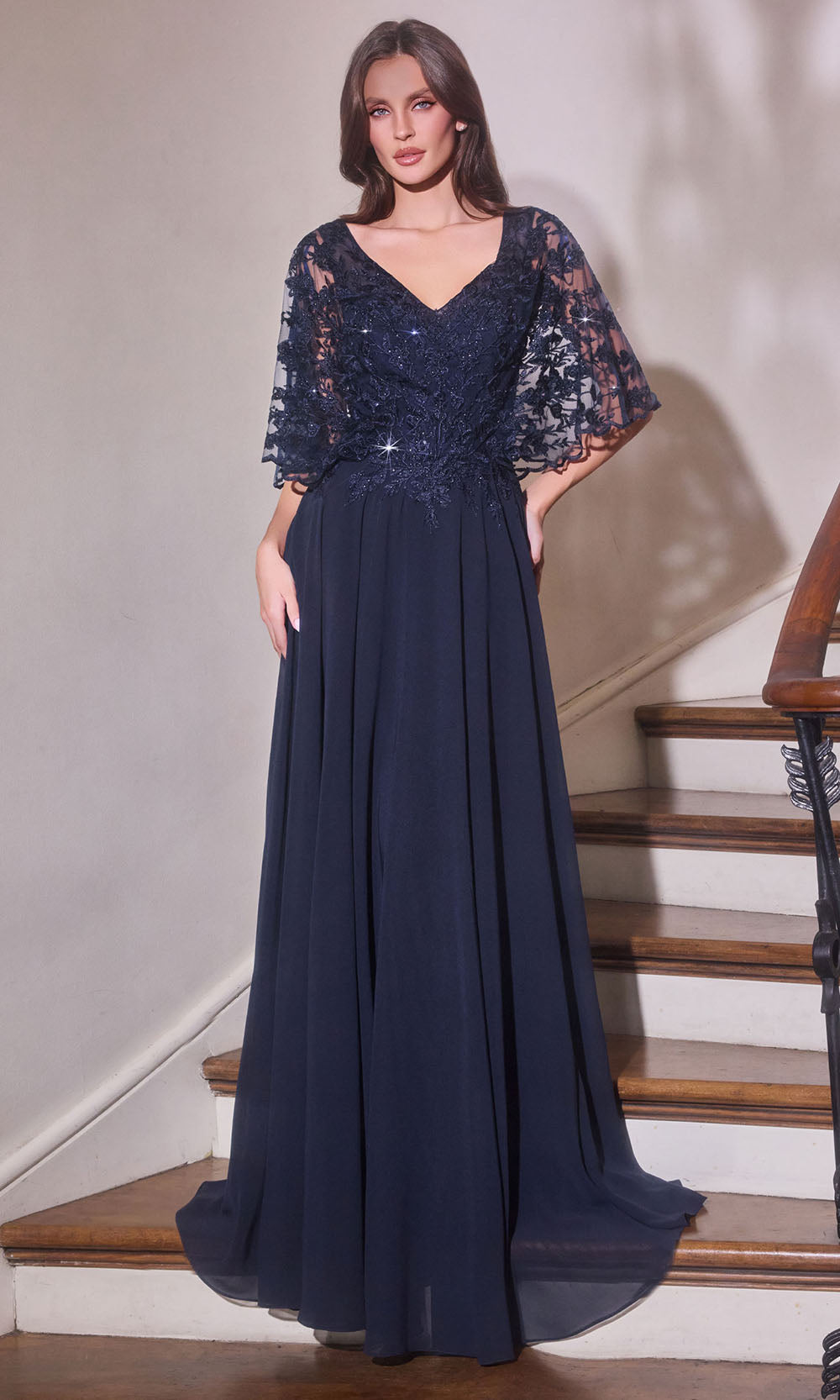 Ladivine CL10 - Lace Bodice Evening Gown with Flowing Skirt Mother of the Bride Dresses in Navy