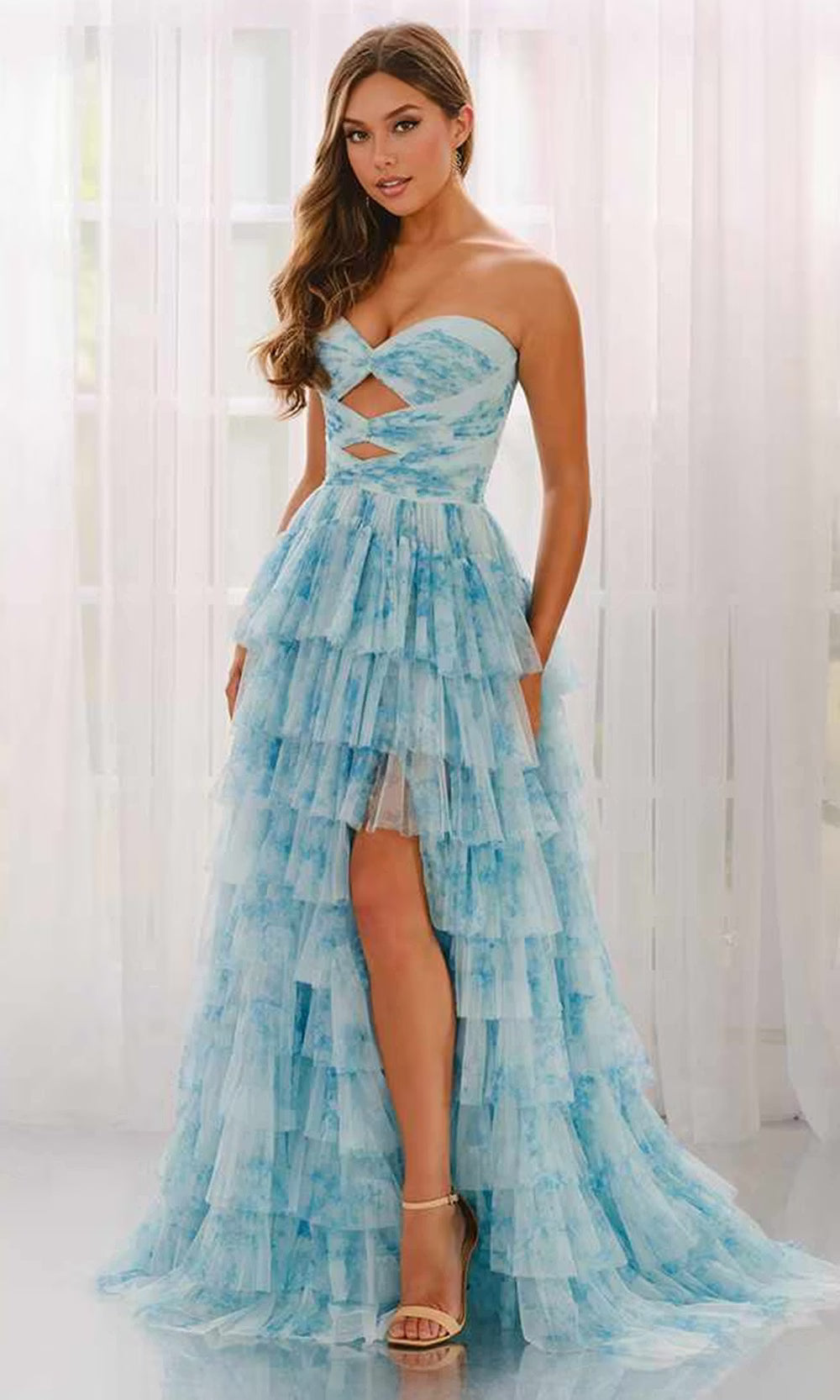 Colette by Daphne CL6217 - Ruffle A-Line Prom Dress with Cutouts Prom Dresses in Blue  