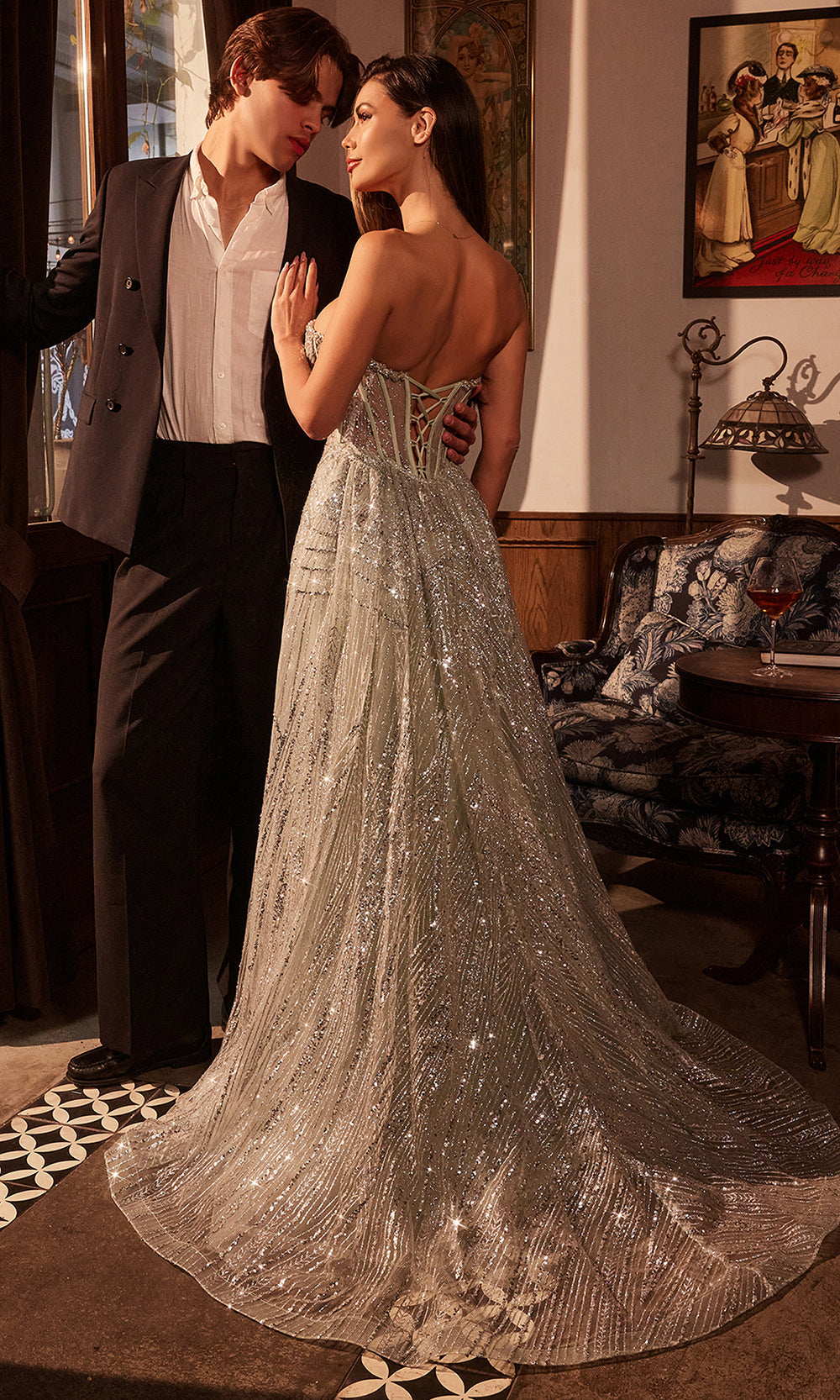 Ladivine CM384 - Plunging V-Neckline Rhinestone Prom Gown