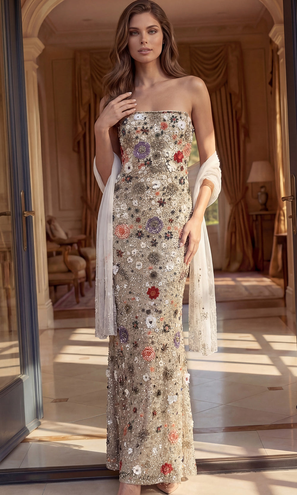 Jovani 48587 - Floral Embellished Straight Neck Gown with Scarf