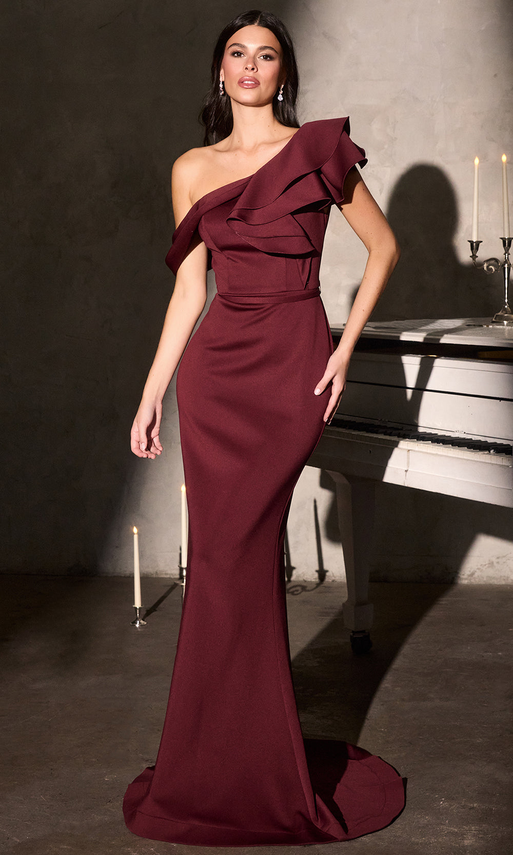 Ladivine CR886 - Fitted Asymmetric Gown with Ruffle Accent Mother of the Bride Dresses in Burgundy