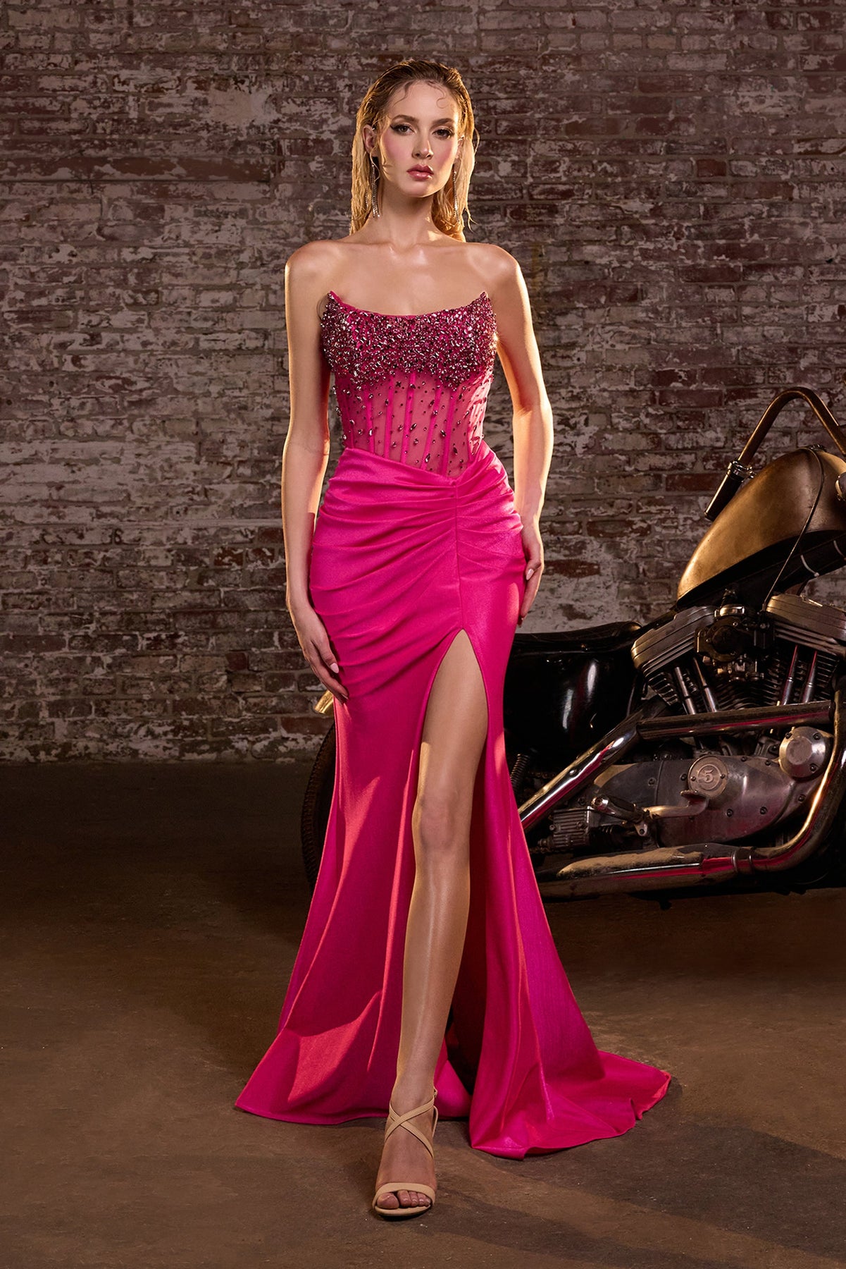 Ladivine CW301 - Beaded Corset Bust Evening Gown Prom Dresses in Black