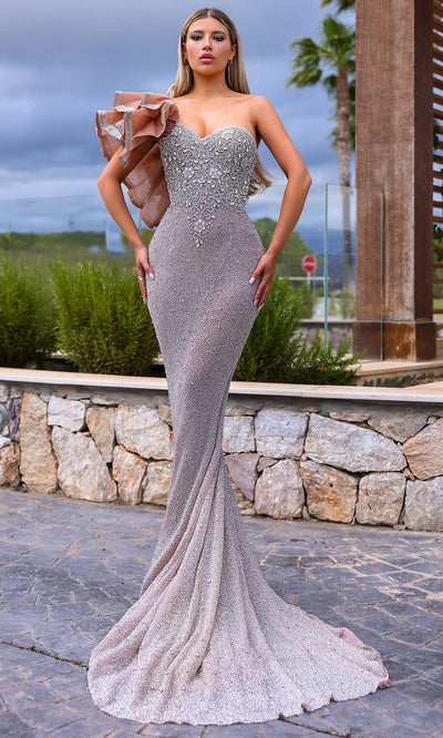 Chic and Holland HF110277 - Beaded Bodice Sheath Evening Dress Evening Dresses 0 / Silver/Nude