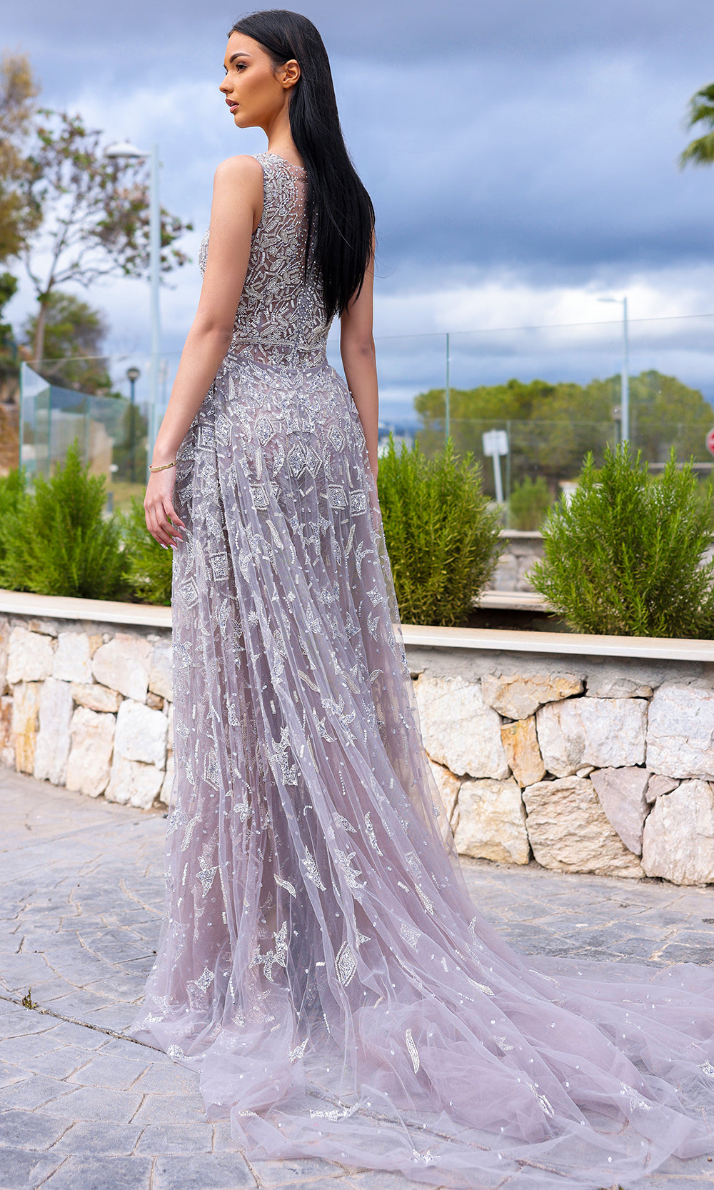 Chic and Holland HF110367 - Illusion Neck Overskirt Evening Dress 