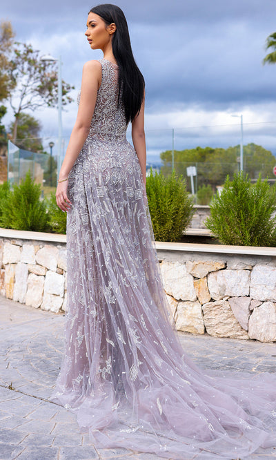 Chic and Holland HF110367 - Illusion Neck Overskirt Evening Dress 
